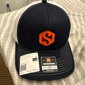 Richardson 112 Trucker Hat with Orange Logo - Navy/White